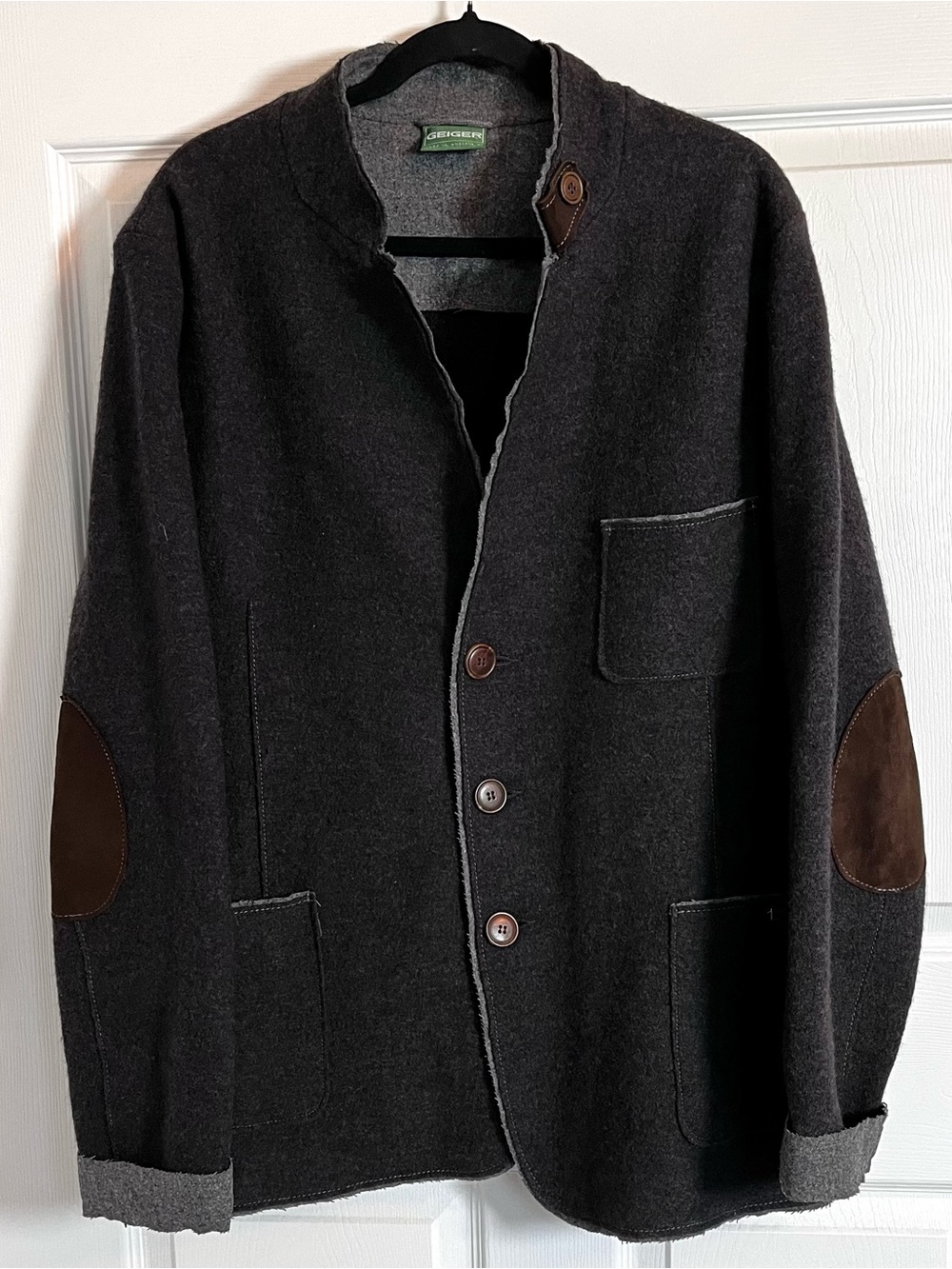 GEIGER Austria Luxury Gray Boiled Wool Jacket Suede Elbow Patches 60 US 50 XL